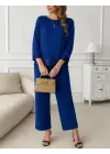 Kadın Uzun Kollu Bisiklet Yaka Pulpayetli Viskon Iki Iplik Bluz Ve Pantolon Ikili Takım