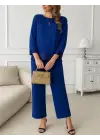 Kadın Uzun Kollu Bisiklet Yaka Pulpayetli Viskon Iki Iplik Bluz Ve Pantolon Ikili Takım