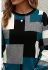 Kadın Uzun Kollu Bisiklet Yaka Renkli Blok Baskı Dalgıç Bluz