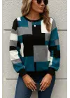 Kadın Uzun Kollu Bisiklet Yaka Renkli Blok Baskı Dalgıç Bluz