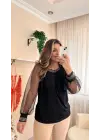 Kadın Uzun Kollu Bisiklet Yaka Taşlı Kol Tül Detaylı Sandy Bluz