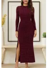 Kadın Uzun Kollu Bisiklet Yaka Taşlı Midi Kadife Elbise