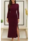 Kadın Uzun Kollu Bisiklet Yaka Taşlı Midi Kadife Elbise