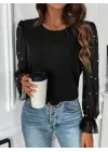 Kadın Uzun Kollu Bisiklet Yaka Tül Detaylı Incili Ithal Krep Bluz