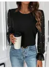 Kadın Uzun Kollu Bisiklet Yaka Tül Detaylı Incili Ithal Krep Bluz