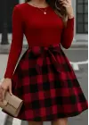 Kadın Uzun Kollu Bisiklet Yaka üst Viskon Alt Ekose Kısa Elbise