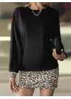 Kadın Uzun Kollu Bisiklet Yaka üst Viskon Iki Iplik Alt Leopar Desenli Mini Elbise
