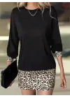 Kadın Uzun Kollu Bisiklet Yaka üst Viskon Iki Iplik Alt Leopar Desenli Mini Elbise