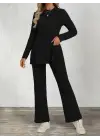 Kadın Uzun Kollu Bisiklet Yaka Yandan Yırtmaçlı şardonlu Kaşkorse Bluz Ve Pantolon Ikili Takım
