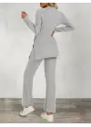 Kadın Uzun Kollu Bisiklet Yaka Yandan Yırtmaçlı şardonlu Kaşkorse Bluz Ve Pantolon Ikili Takım