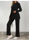 Kadın Uzun Kollu Bisiklet Yaka Yandan Yırtmaçlı şardonlu Kaşkorse Bluz Ve Pantolon Ikili Takım