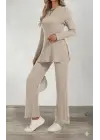 Kadın Uzun Kollu Bisiklet Yaka Yandan Yırtmaçlı şardonlu Kaşkorse Bluz Ve Pantolon Ikili Takım
