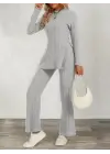 Kadın Uzun Kollu Bisiklet Yaka Yandan Yırtmaçlı şardonlu Kaşkorse Bluz Ve Pantolon Ikili Takım