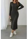 Kadın Uzun Kollu Bisiklet Yaka Yırtmaç Detay Triko Midi Boy Elbise