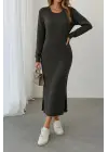 Kadın Uzun Kollu Bisiklet Yaka Yırtmaç Detay Triko Midi Boy Elbise