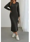 Kadın Uzun Kollu Bisiklet Yaka Yırtmaç Detay Triko Midi Boy Elbise