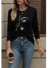Kadın Uzun Kollu Bisiklet Yaka Yüz Desenli Viskon Bluz