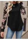 Kadın Uzun Kollu Bisiklet Yakalı Kolun çiçek Desenli Viskon Iki Iplik Bluz