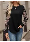 Kadın Uzun Kollu Bisiklet Yakalı Kolun çiçek Desenli Viskon Iki Iplik Bluz