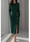 Kadın Uzun Kollu Bisiklet Yakalı Yandan Yırtmaçlı Düğmeli Midi Ithal Krep Elbise