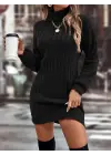 Kadın Uzun Kollu Boğazlı Uzun Balon Kol Triko Mini Elbise
