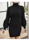 Kadın Uzun Kollu Boğazlı Uzun Balon Kol Triko Mini Elbise