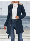 Kadın Uzun Kollu Boyundan Düğmeli Fermuarlı Beli Kuşaklı Süet Ceket