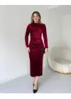 Kadın Uzun Kollu Büzgü Detay Kadife Kumaş Midi Boy Elbise