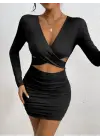 Kadın Uzun Kollu çapraz Dekolte Detaylı Mini Sandy Elbise