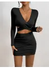 Kadın Uzun Kollu çapraz Dekolte Detaylı Mini Sandy Elbise