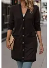 Kadın Uzun Kollu Cepli önden Düğmeli Uzun Modal Ceket