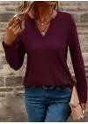 Kadın Uzun Kollu Cepli V Yakalı Viskon Iki Iplik Mürdüm Bluz