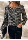 Kadın Uzun Kollu Damla Detaylı Yaka Desenli Süprem Bluz