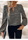 Kadın Uzun Kollu Damla Detaylı Yaka Desenli Süprem Bluz