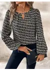 Kadın Uzun Kollu Damla Detaylı Yaka Desenli Süprem Bluz