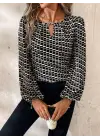 Kadın Uzun Kollu Damla Detaylı Yaka Desenli Süprem Bluz