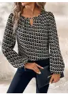 Kadın Uzun Kollu Damla Detaylı Yaka Desenli Süprem Bluz