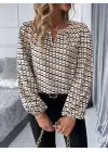 Kadın Uzun Kollu Damla Detaylı Yaka Desenli Süprem Bluz