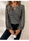 Kadın Uzun Kollu Damla Detaylı Yaka Desenli Süprem Bluz