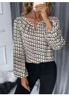 Kadın Uzun Kollu Damla Detaylı Yaka Desenli Süprem Bluz