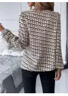 Kadın Uzun Kollu Damla Detaylı Yaka Desenli Süprem Bluz
