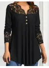 Kadın Uzun Kollu Dantel Detaylı Düğmeli Viskon Bluz