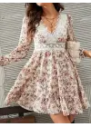 Kadın Uzun Kollu Dantel V Yakalı Mini Desenli Süprem Elbise