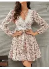 Kadın Uzun Kollu Dantel V Yakalı Mini Desenli Süprem Elbise