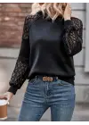 Kadın Uzun Kollu Dantelli Kapşonlu Viskon Iki Iplik Bluz