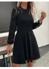 Kadın Uzun Kollu Dantelli Kloş Mini Ithal Krep Elbise