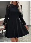 Kadın Uzun Kollu Dantelli Kloş Mini Ithal Krep Elbise