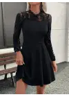 Kadın Uzun Kollu Dantelli Kloş Mini Ithal Krep Elbise