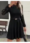 Kadın Uzun Kollu Dantelli Kloş Mini Ithal Krep Elbise