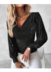 Kadın Uzun Kollu Degaje Yaka Taşlı Sandy Bluz